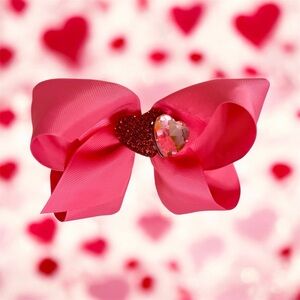 Large Girls Pink Valentine Heart Bow w Double Heart Crystal Brooch Center. NEW